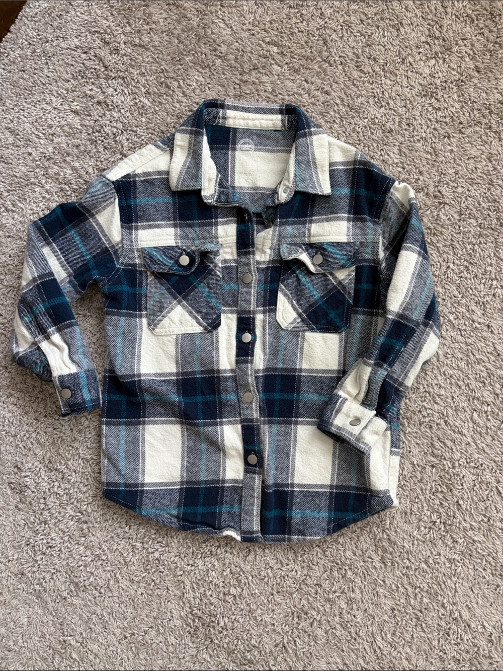 Plaid Button-Front Shirt Jacket - Blue & Cream Shacket. Medium 7/8 unisex.